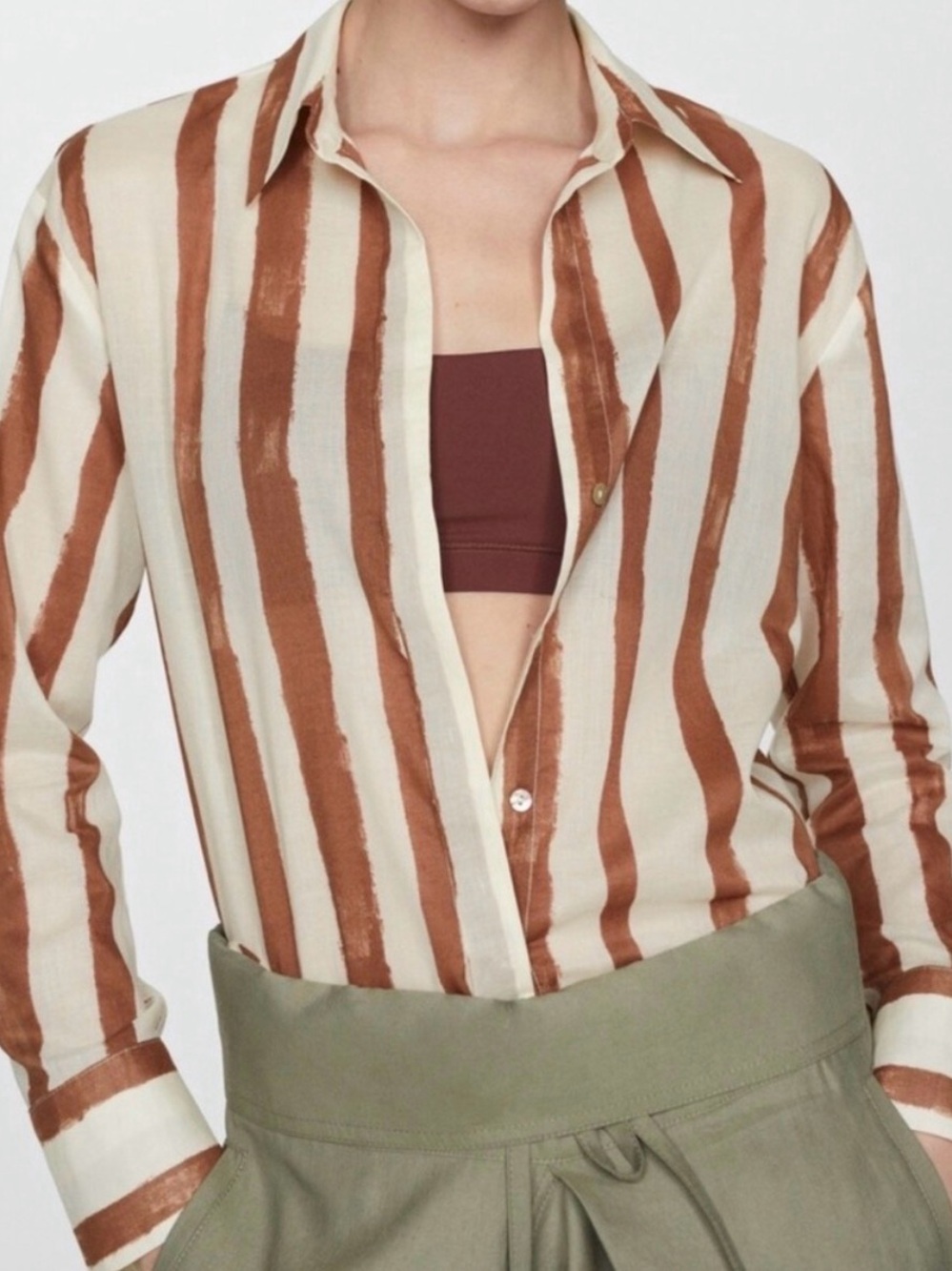 Mango Cream and Brown Striped Button-Down Shirt